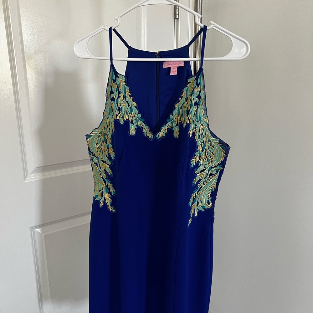 Lilly Pulitzer Royal Blue Backless Dress with Gold Embroidery